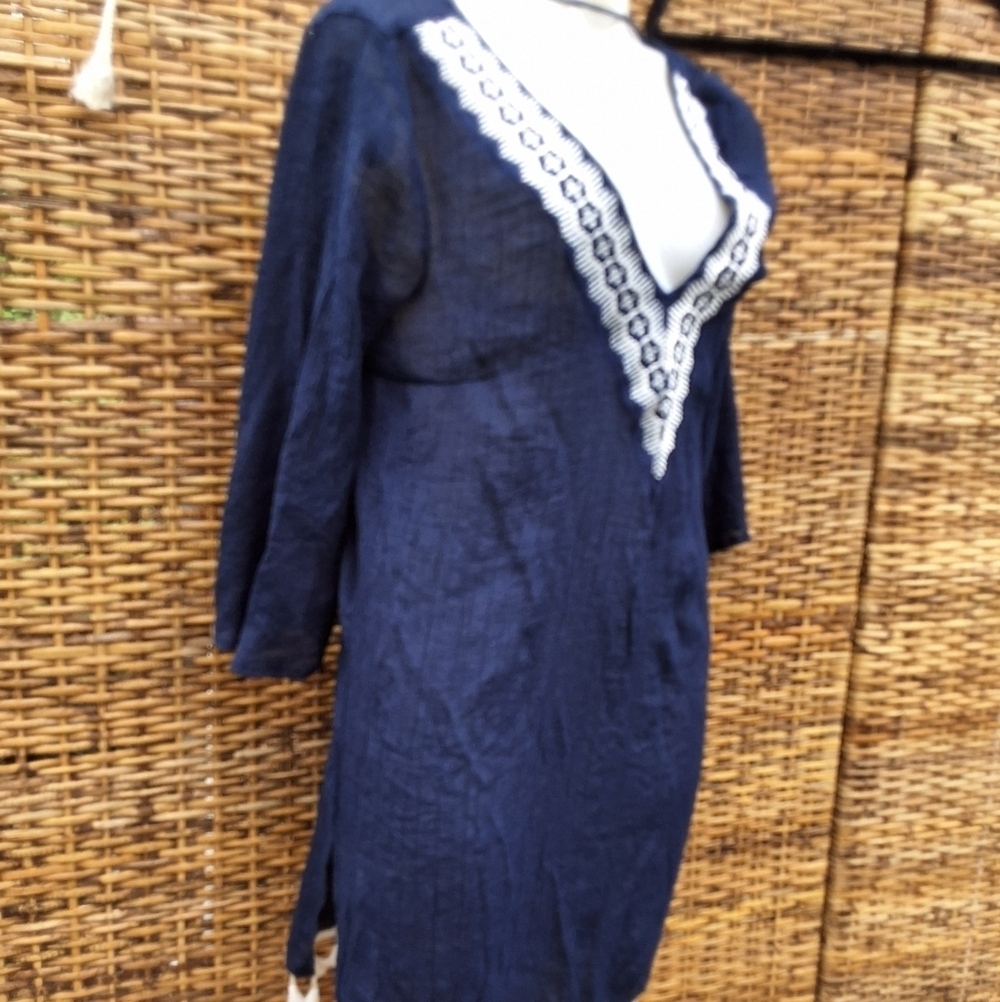 Kona Sol Deep Blue Gauzy Tunic with Elegant Embroidy Swim Cover Up M - Picture 5 of 15